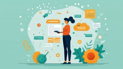 Poster - Review, Validity, Methods, person reviewing documents, stamping valid, demonstrating methods, flat design illustration