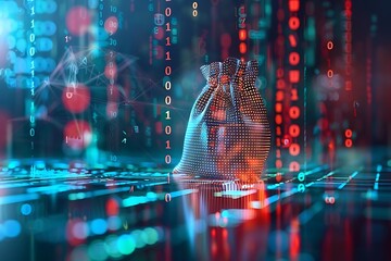 Digital Money Bag on Abstract Technology Background 3D Illustration