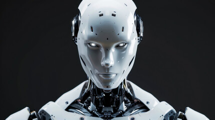 Poster - A robot with a white body and silver arms stands in front of a gray background