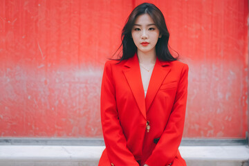 Wall Mural - A woman in a red jacket sits on a bench