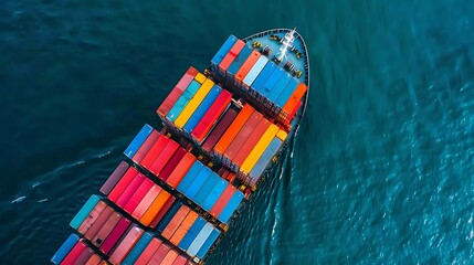 Container ship in export and import business and logistics shipping cargo to harbor by crane water transport aerial view and top view