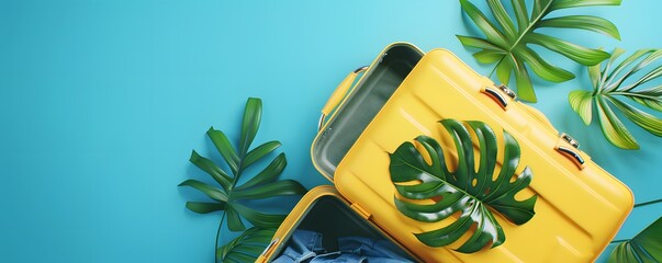 Canvas Print - Yellow Suitcase with Tropical Leaves on Blue Background