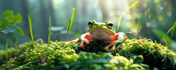 Green Tree Frog Perched on Moss in Sunlight