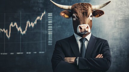 Poster - Metaphore of businessman with cow head. Bullish trend of stock market concept