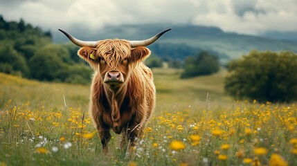 Wall Mural - Scottish highland cow in the field, Scotland, UK. 