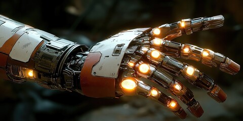Poster - Cybernetic Hand with Glowing Lights and Mechanical Precision