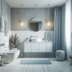 3d rendered bathroom colored grey illustration with realistic style among mirror and bathtab. suitable for building image and architecture interior.