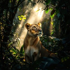 A lion is standing in the forest, looking up at the sun. Concept of peace and tranquility, as the lion is surrounded by nature and enjoying the warmth of the sun