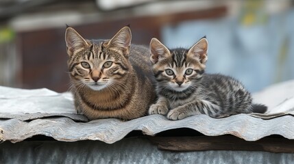 Wall Mural - An adult brown striped cat is nurturing a striped kitten, both lying on a roof covered with a grey blanket.