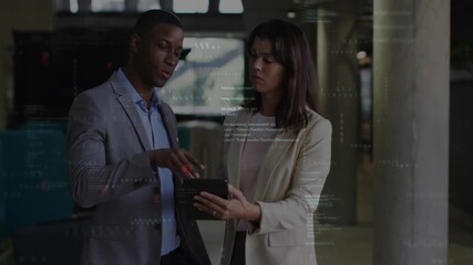 Poster - Processing business data, two professionals discussing information on tablet