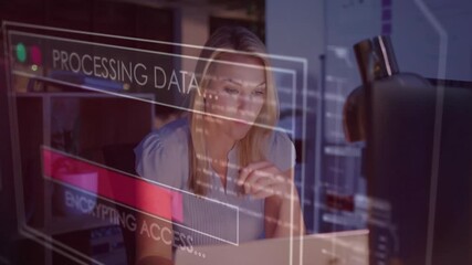 Poster - Processing data animation over woman working on laptop in office