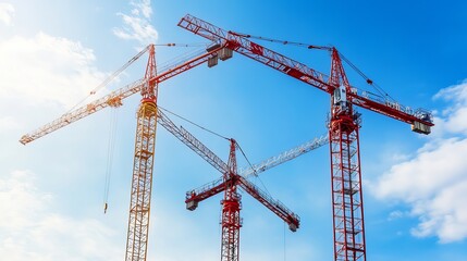 Construction cranes stand tall against the blue sky at a construction site.