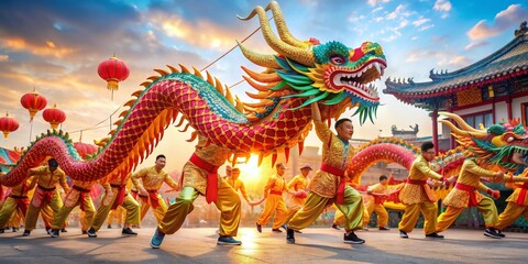 Colorful Chinese dragon dancing at the Chinese New Year festival , Chinese New Year, dragon dance, festival