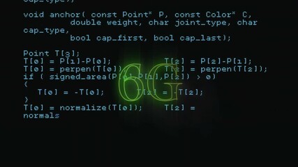 Poster - Green 6G text animation over programming code on dark background