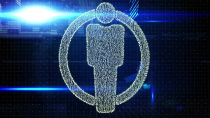 Poster - Processing data, digital human figure inside circle over blue grid background