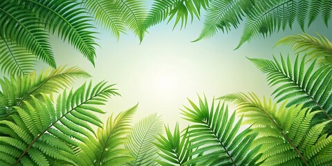 Digitally illustrated scene with layered fern and palm fronds , tropical, foliage, plants, greenery, botanical, nature, jungle