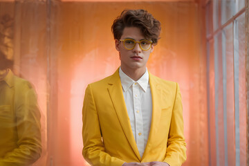 Wall Mural - A man in a yellow suit and glasses stands in front of a window