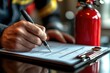 © KADER - Man Filling Out Smoke Sensor and Fire Extinguisher Checklist in Office – Close-Up of Red Firefighter’s Foam Water Bottle and White Paper Scroll on Table, White Background