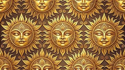 Seamless golden sun mask pattern with intricate designs, golden, sun, mask, seamless, pattern, intricate, designs, tribal