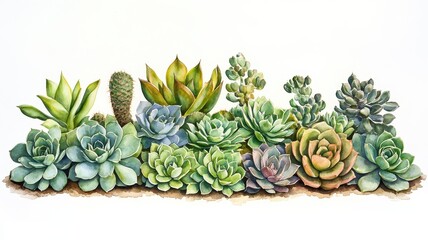 Serene Succulent Border in Vibrant Greens - Desert Chic Watercolor Style Illustration for Botanical Designs and Decor