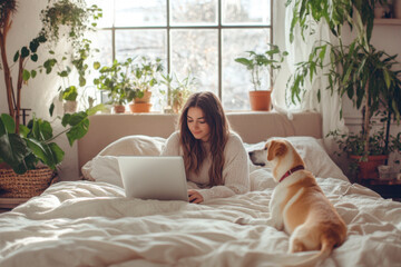 Beautiful woman using laptop and dog lying on bed at home