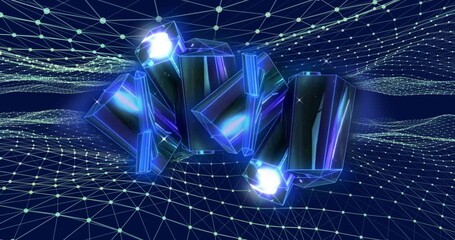 Poster - Rotating 3D geometric shapes with glowing edges over network grid animation