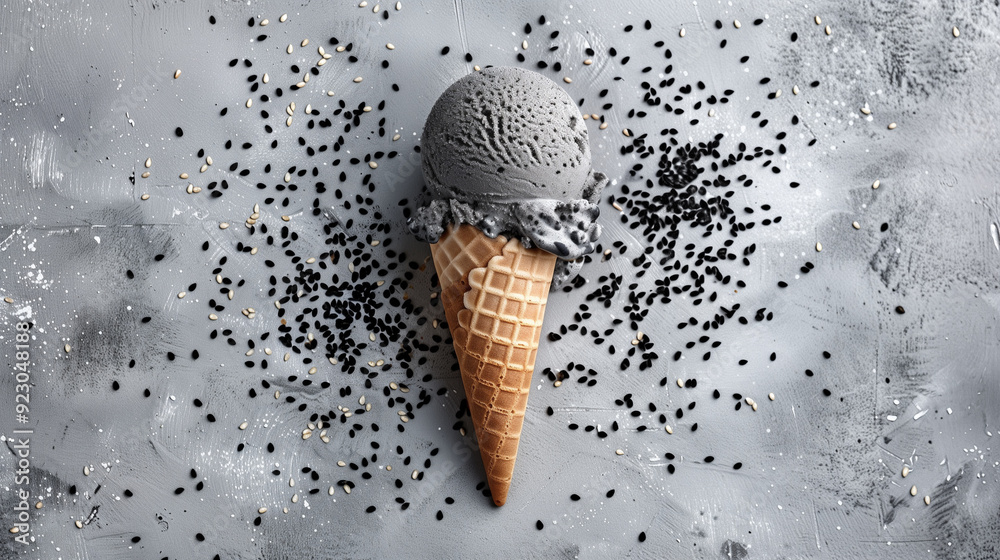 Artistic depiction of black sesame ice cream in a waffle cone with ...