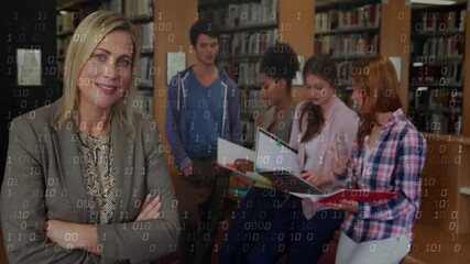 Poster - Binary code animation overlaying diverse students studying in school library