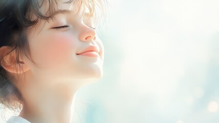 serene expression in watercolor - peaceful smile of a person in relief with gentle light, artistic i