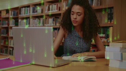 Poster - studying in library, woman using laptop and book with binary code animation