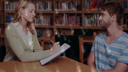 Poster - Binary code animation overlaying two people discussing in school library