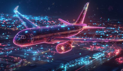 Wall Mural - photo of a futuristic airplane with visualization lines and colorful neon high technological pattern