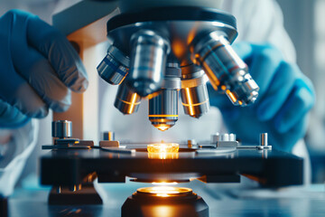close up of microscope in science lab