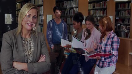 Poster - Binary code animation over diverse group of people studying in library