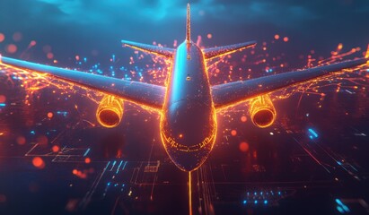 Photo of a futuristic Airplane with visualization lines and colorful neon high technological patterns, information network, airport transport technology, getting ready for takeoff on a runway