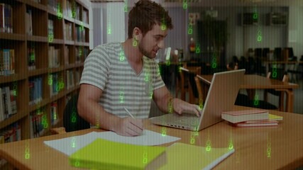 Poster - Studying in library, man using laptop with binary code animation over scene