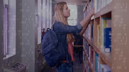 Poster - browsing books in library, woman with binary code animation overlay