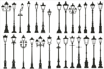 Set of street lamp silhouette vector, Set of street old lamps silhouettes, lamp post light silhouette set, Street lamp silhouette icon, Collection of street lamp silhouette