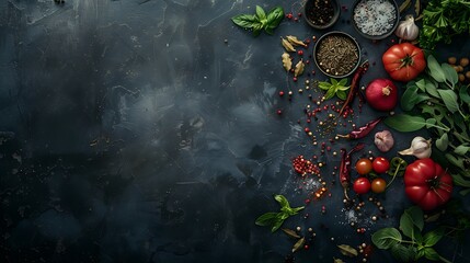 Wall Mural - Dark background for food spices and vegetables on a mysterious background top view