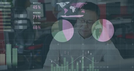 Poster - Financial data charts and graphs animation over business person working in office