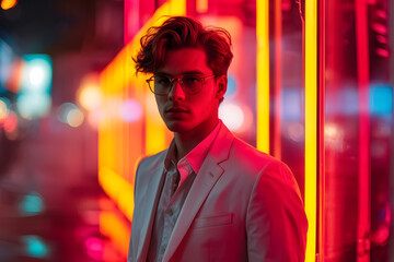 A man in a white suit stands in front of a neon sign