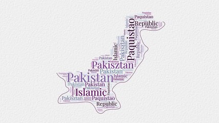 Wall Mural - Pakistan logo animation. Pakistan boundary word cloud animation. Video of country names in multiple languages popping out on paper style background. Country opening, intro, presentation video.