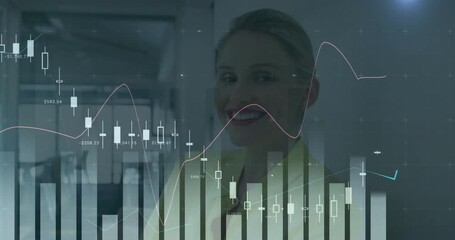 Poster - In office, smiling businesswoman with financial data chart animation in background