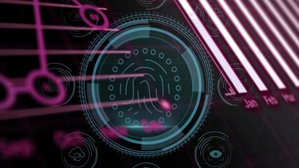 Poster - Fingerprint scanning and data processing animation over futuristic digital interface