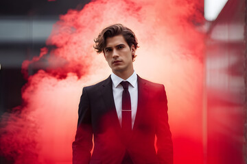 Wall Mural - A man in a suit and tie stands in front of a red smoke