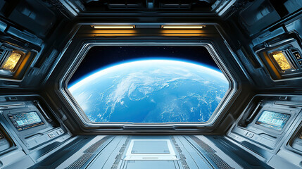 a spaceship interior with blue earth view through window
