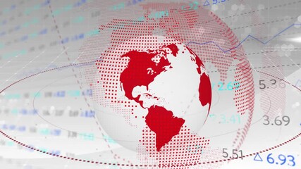 Sticker - Globe with red continents and financial data animation over world map background