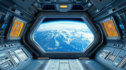 Wall Mural - a spaceship interior with blue earth view through window