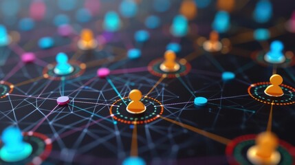 Poster - Colorful digital network connections with abstract figures representing connections and collaboration in a technological environment.
