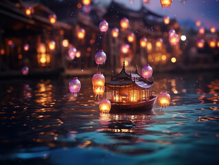 Wall Mural - Atrractive Lanterns illuminate night reflecting on the water